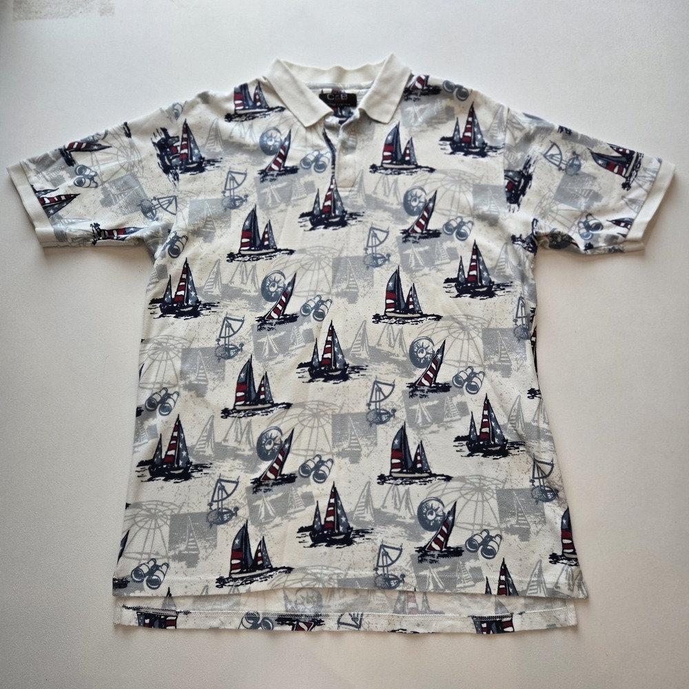 C&B Sport by Croft Sailboat Print Polo Shirt Men's XL Nautical Sailing Vintage‎